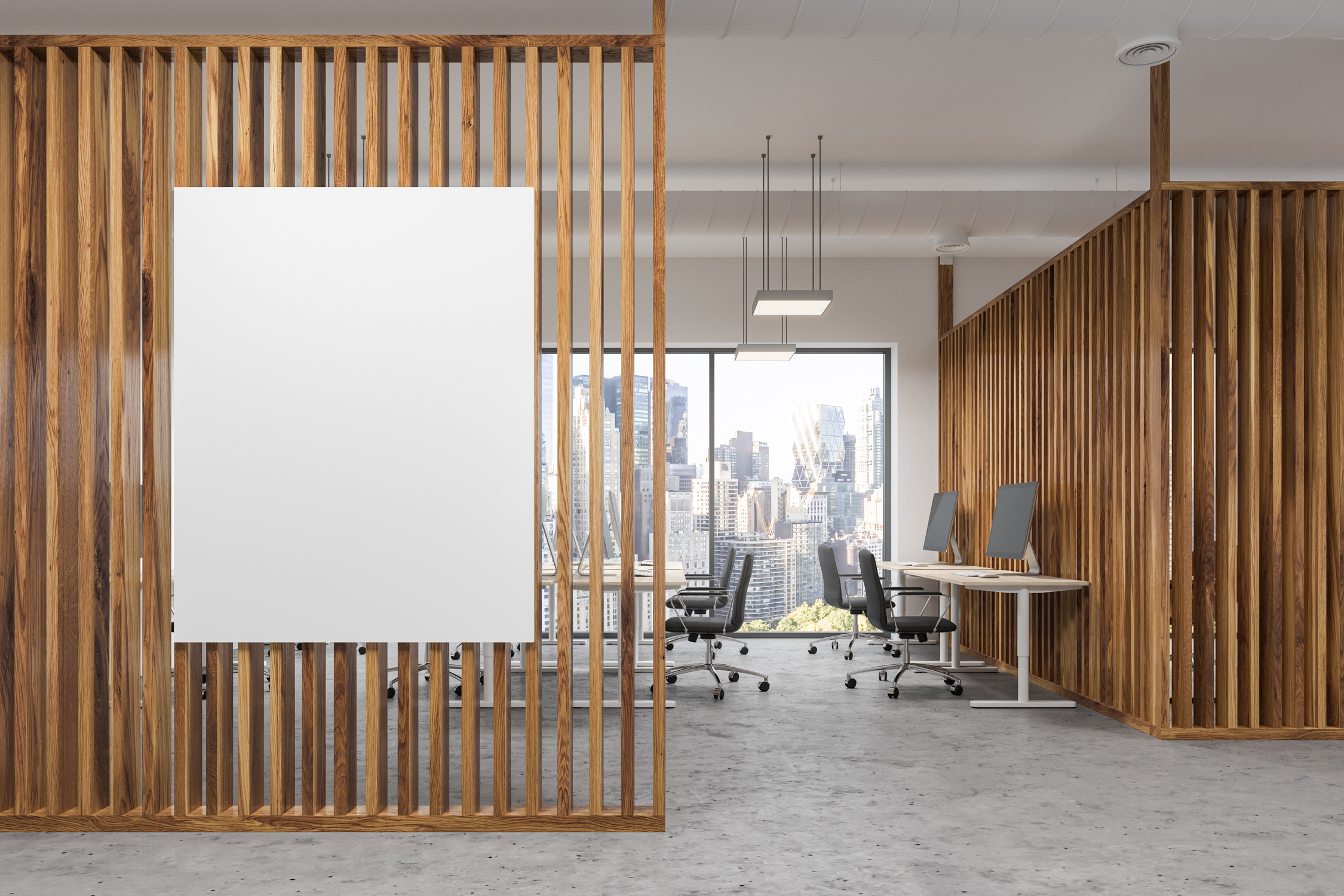 Wood wall open space office interior with poster